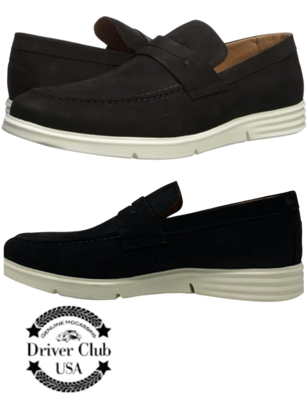 Driver Club USA Black Nubuck Slip-On Penny Loafers with White Sole